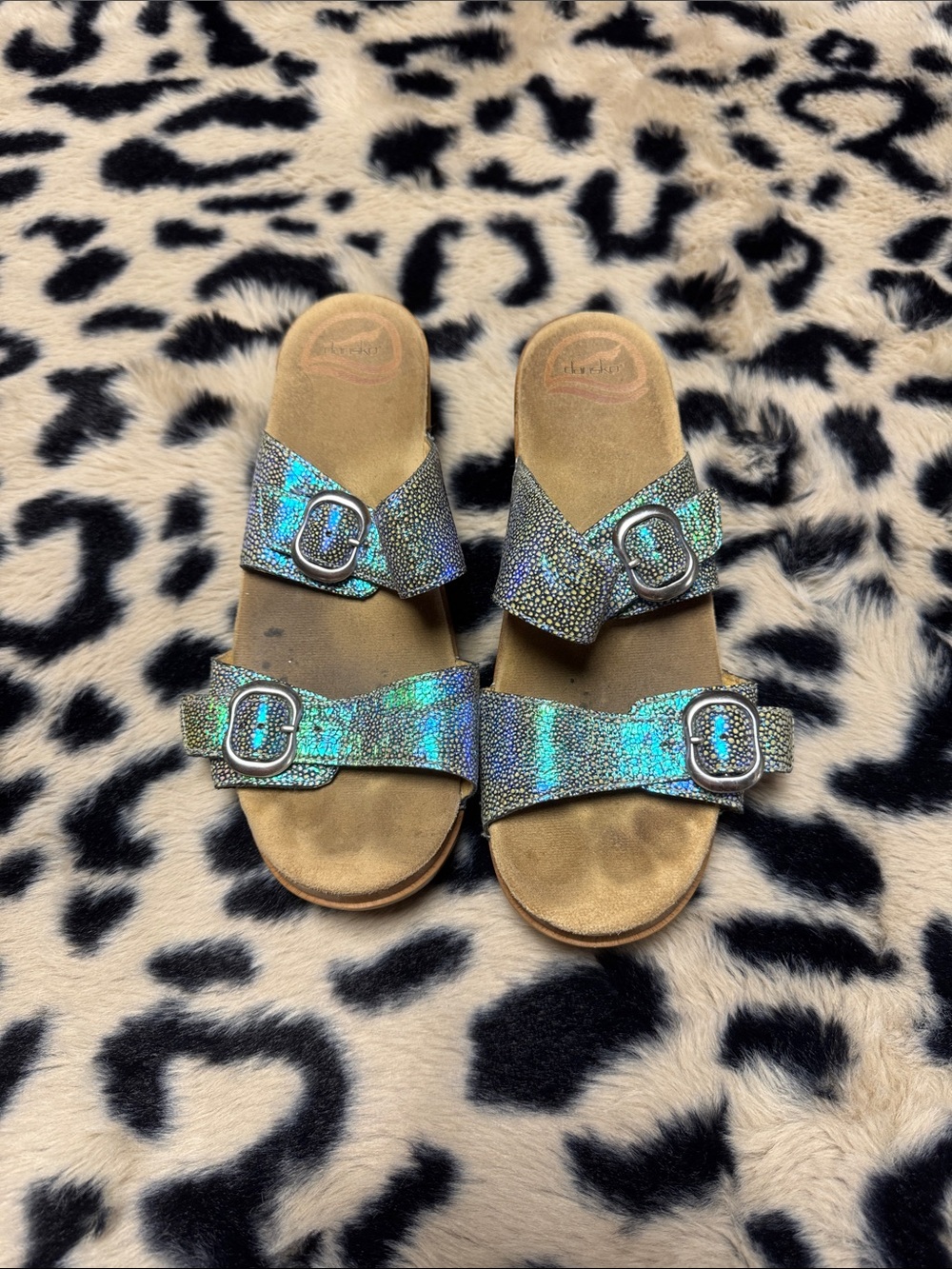 Dansko Iridescent Blue-Green Double Buckle Clogs